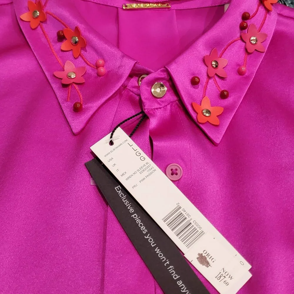 Elie Tahari Fuchsia 100% Silk Blouse with Beaded Floral Collar - Picture 1 of 7